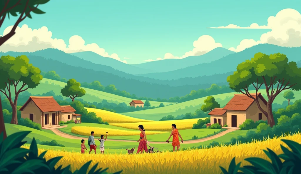 in cinematic 2 cartoon stayle in indian A serene village with simple houses, villagers working in fields, and a dense, mysterious forest in the background