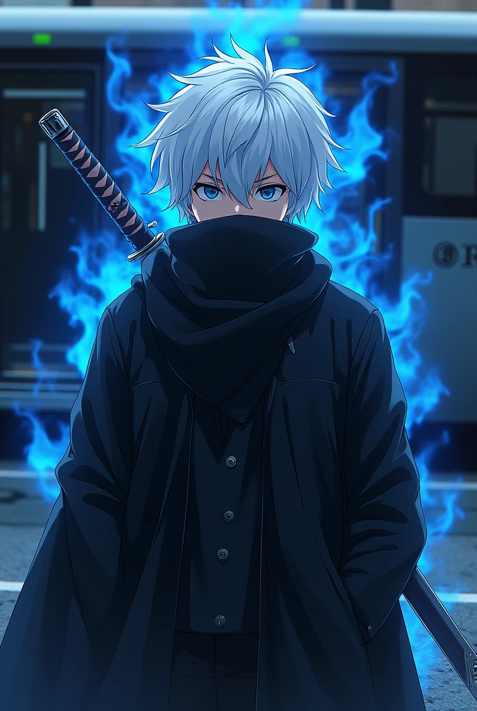 A high quality anime style 1 boy, with a black bus, black jacket white hair, with a katana in hand and releasing a blue aura, standing firm and with a handkerchief covering his mouth up to his nose