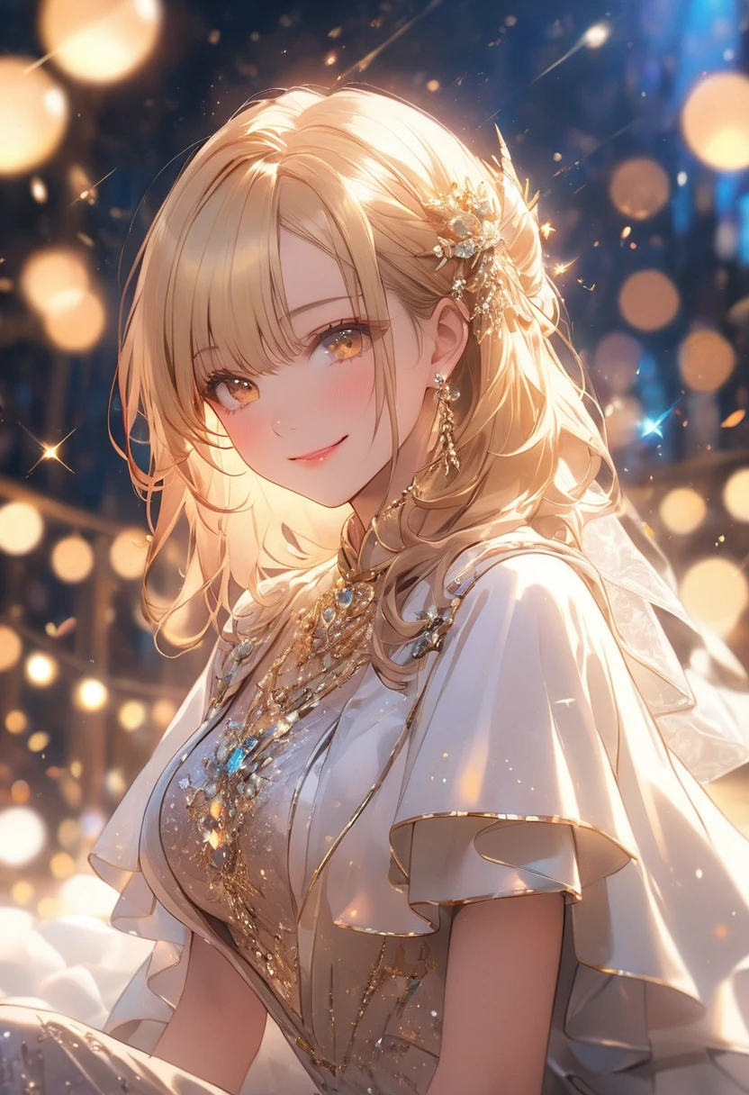 (masterpiece),(4K),high quality,(Large Breasts),One person,Long blonde hair,Pale skin,smile,Beautiful and exquisite golden eyes, (Highly detailed elegant),(White Capelet Fashion), Magical colors and atmosphere, Detailed skin,(Cute sparkle), Particles of light,The background is soft and blurry,Add a dramatic and symbolic element to your scene, Written boundary depth, Bokeh, Silky to the touch, Hyper Detail,Sitting,Creates a dreamy and fantastical atmosphere