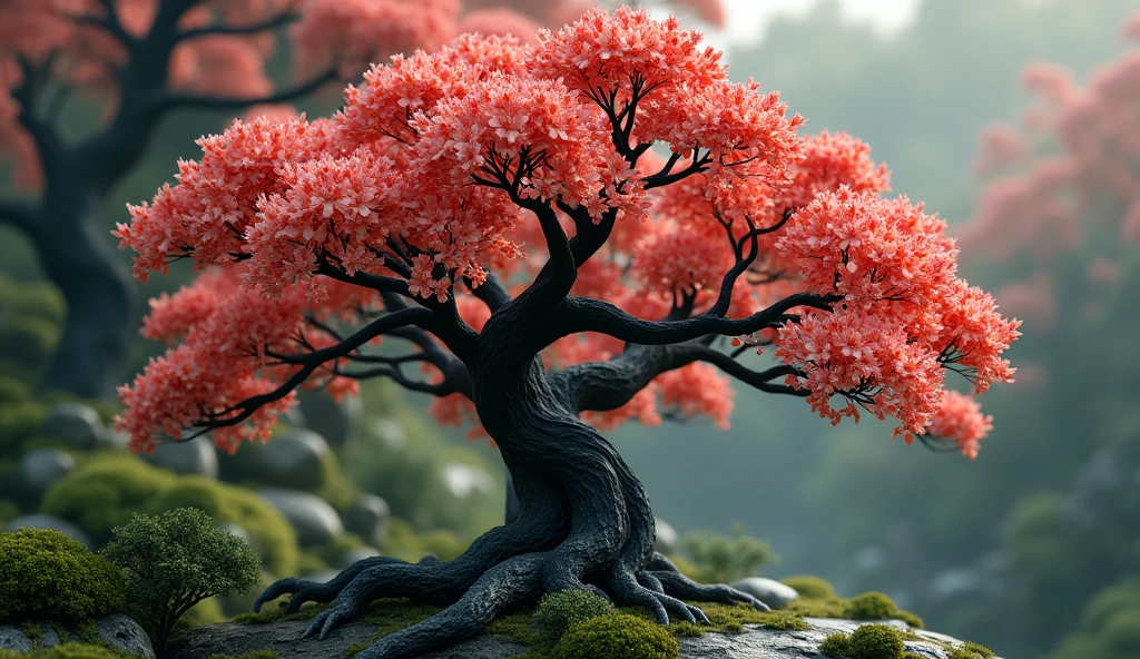 There is a kind of wood in the osmanthus fores shape is like paper mulberry but with black texture，Its flowers are exceptionally gorgeous（best quality，4K，8k，High level，masterpiece：1.2），Ultra Detailed，（lifelike，Photo real，Photo real：1.37）