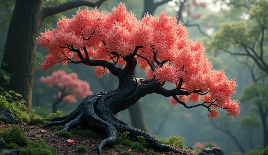 There is a kind of wood in the osmanthus fores shape is like paper mulberry but with black texture,Its flowers are exceptionally gorgeous(best quality,4K,8k,High level,masterpiece:1.2),Ultra Detailed,(lifelike,Photo real,Photo real:1.37)