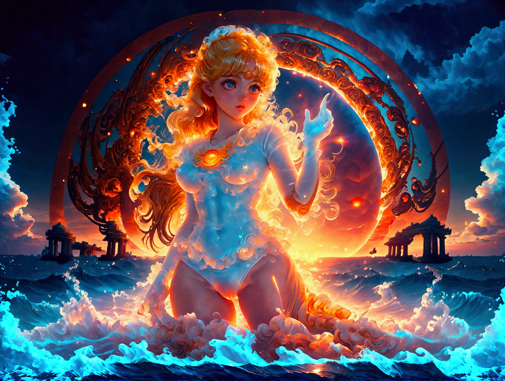 1 naked woman  walking at beach under a heavy rain ,under the light,  moonlight,web naked body dripping water ,long curly blonde hair soaked of water ,nice thick breast,ligth thick body shape,showing her hairy vagina,soaked of dripping water. 