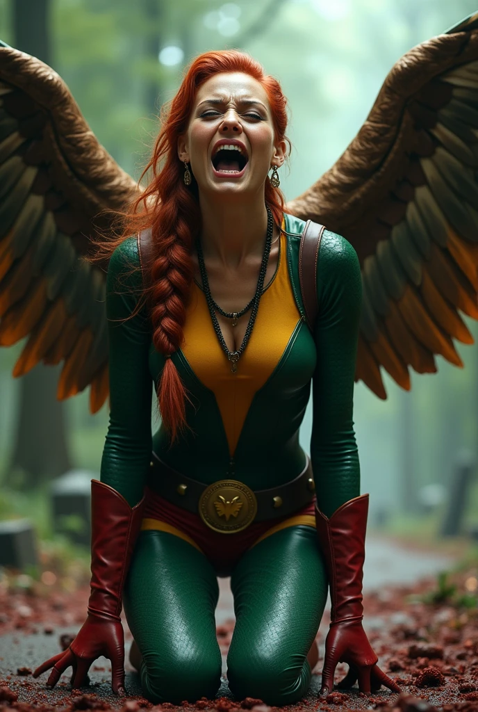 (((De primerísimo primer plano unas inmensamente gigantes alas una hermosa mujer de rodillas yelling))),(((Long red hair tied up in a braided ponytail))),(((green top suit with yellow in the middle))),(((Cali green leather pants with red shorts over the pants))),(((Charlize Theron under the mantle of Shayera Holl aka Hawkgirl ))),(((On knees gritando de dolor))),(((leather suit with tiny scales on the suit))),(((Large brown giant falcon wings))),(((Silver metal bracelets on their wrists))),(((Long red boots up to her knees))),(((On knees))),(((yelling))),(((mortally wounded))),(((Blood on his chest))),(((cursed cemetery))),(((Blood all around his body))),(((Wide brown harness on her chest with a round gold plate and a hawk as the Hawkgirl emblem))),(((Green top with yellow in the middle))),(((Top Wonder Woman)))