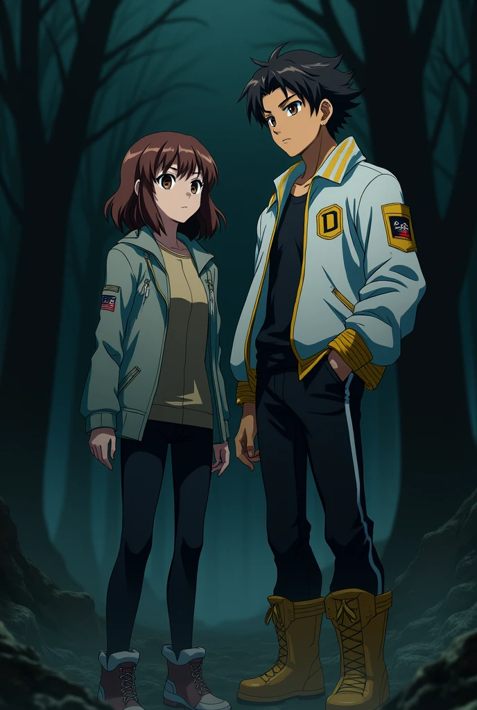 The image is in adult anime style cowboy bebop or Darker than black style with shadows and dim lights, anime style although somewhat adult and dark, It shows a 2 adult, She has short, uneven wavy brown hair, He wears a white jacket with yellow details, wear boots. He has brown eyes. It's in a dark forest. . He is standing in the middle of the forest. He seems determined.