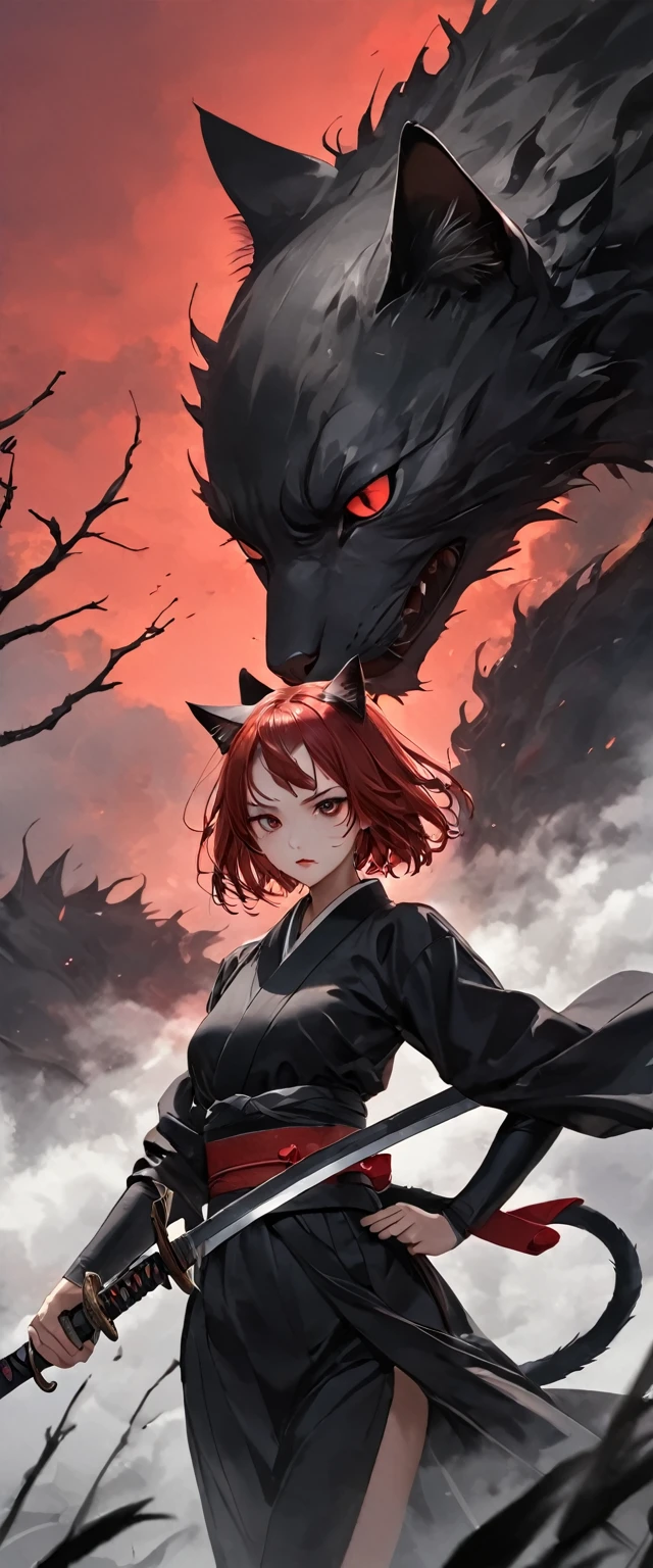 A cat woman in scarlet ronin clothing。Beautiful feet。Crouching。Messy red short hair。forehead。Cat ear。Cat Eyes。 White Wilderness。A world of thick fog,。Dark Eyes。clothes are blowing in the wind。Serious expression。He holds a sword at his waist.。There is a cat monster behind me。alone。Japan。black sun。Red Sky。Chiaroscuro,
