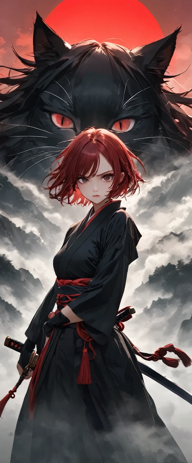 A cat woman in scarlet ronin clothing。Beautiful feet。Crouching。Messy red short hair。forehead。Cat ear。Cat Eyes。 White Wilderness。A world of thick fog,。Dark Eyes。clothes are blowing in the wind。Serious expression。He holds a sword at his waist.。There is a cat monster behind me。alone。Japan。black sun。Red Sky。Chiaroscuro,