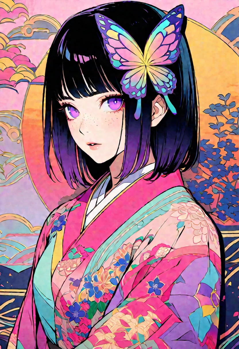 A mesmerizing surreal illustration of a young japanese woman resembling Shinobu Kouchou. She has black hair, purple eyes, a butterfly hair ornament, and wears a vibrant pastel colored outfit adorned with intricate floral patterns. Freckles dot her smooth, warm complexion, and bold, colorful tattoos cover her arms and legs. The tattoos feature traditional Japanese motifs like flowers and mythical creatures, rendered with meticulous detail in a pastel color palette. The background is a vintage floral-patterned wallpaper that complements the artwork's colors. The line work is precise, with delicate shading that gives the illustration a 3D quality. The artwork fuses modern illustration techniques with traditional Japanese aesthetics, resulting in a visually striking, portrait, Shinobu_Kocho, butterfly_hairpiece, multicolored_hair, purple_hair, black_hair, medium breasts, slender,
