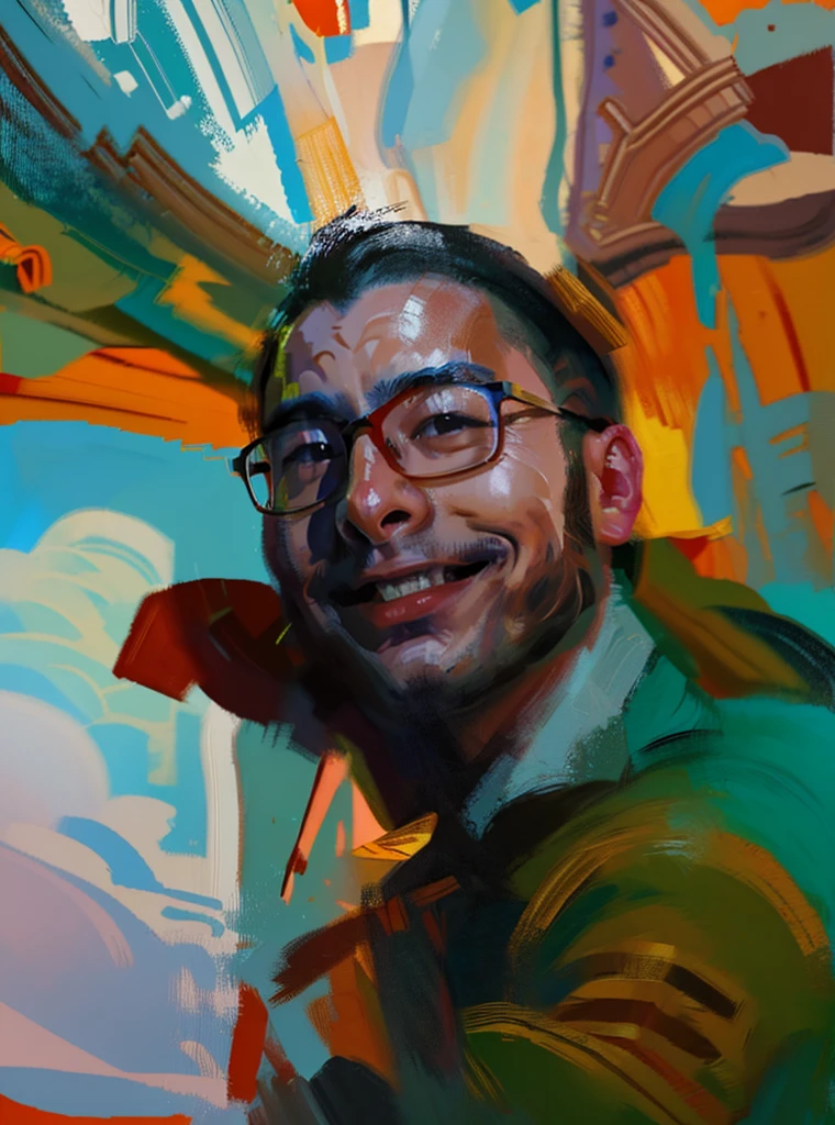 a smiling Asian young man,portrait,glasses,abstract style,oil painting,(best quality,4k,8k,highres,masterpiece:1.2),ultra-detailed,(realistic,photorealistic,photo-realistic:1.37)