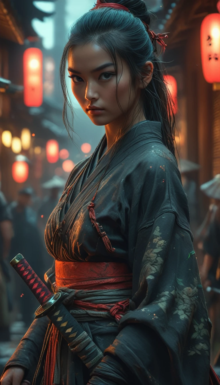 Samurai, 25yo woman, hyperrealism, very detailed skin, 4k,,, AshleyWoodArtAI,, katana profile picture, Organic Painting, night time, Matte Painting, bold shapes, hard edges, street art, trending on artstation, by Huang Guangjian and Gil Elvgren and Sachin Teng, Glow, katana, slender body shape