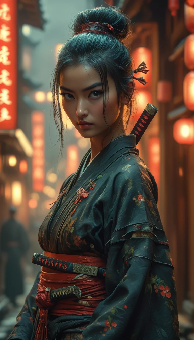 Samurai, 25yo woman, hyperrealism, very detailed skin, 4k,,, AshleyWoodArtAI,, katana profile picture, Organic Painting, night time, Matte Painting, bold shapes, hard edges, street art, trending on artstation, by Huang Guangjian and Gil Elvgren and Sachin Teng, Glow, katana, slender body shape