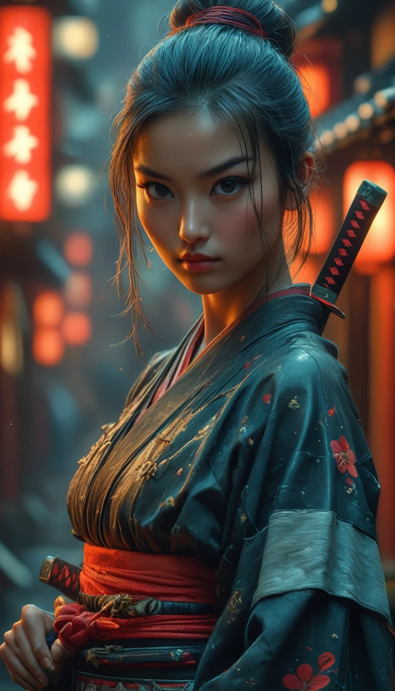 Samurai, 25yo woman, hyperrealism, very detailed skin, 4k,,, AshleyWoodArtAI,, katana profile picture, Organic Painting, night time, Matte Painting, bold shapes, hard edges, street art, trending on artstation, by Huang Guangjian and Gil Elvgren and Sachin Teng, Glow, katana, slender body shape