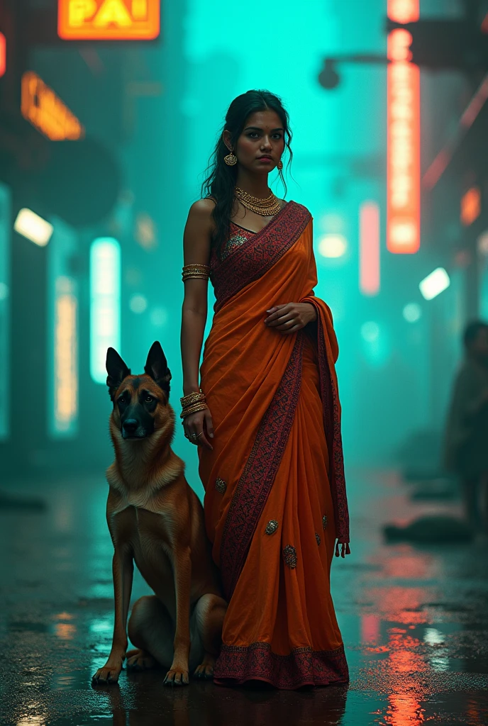Indian marathi woman weard marathi saree standing with dog in cyber punk with teal and orange neon lights