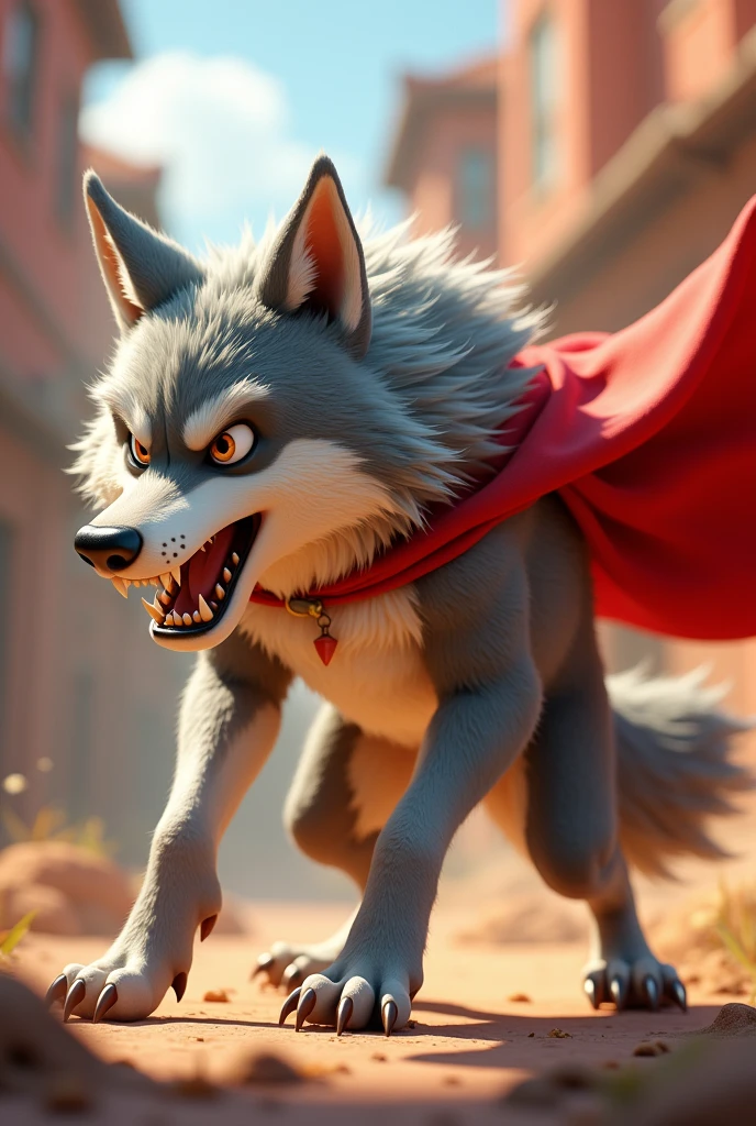 A 3D pixar-style highly stylized, cute anthropomorphic wolf with a slightly angry expression, blowing air forcefully from its mouth with great effort. The wolf's body is bent forward in an exaggerated pose, emphasizing its determination and strength. It wears a flowing red cape that billows dramatically in the wind, adding to the dynamic action. The wolf's fur is thick and textured, with shades of grey and white, giving it a realistic yet cartoonish look. Its long, sharp claws are extended, gripping the ground as it braces itself to blow. The wolf's legs are slightly bent, showing tension and energy. The eyes are narrowed, focusing intently on its target. The overall scene is vibrant and dynamic, capturing the moment of intense action in a 3D animated style suitable for children's storybook.