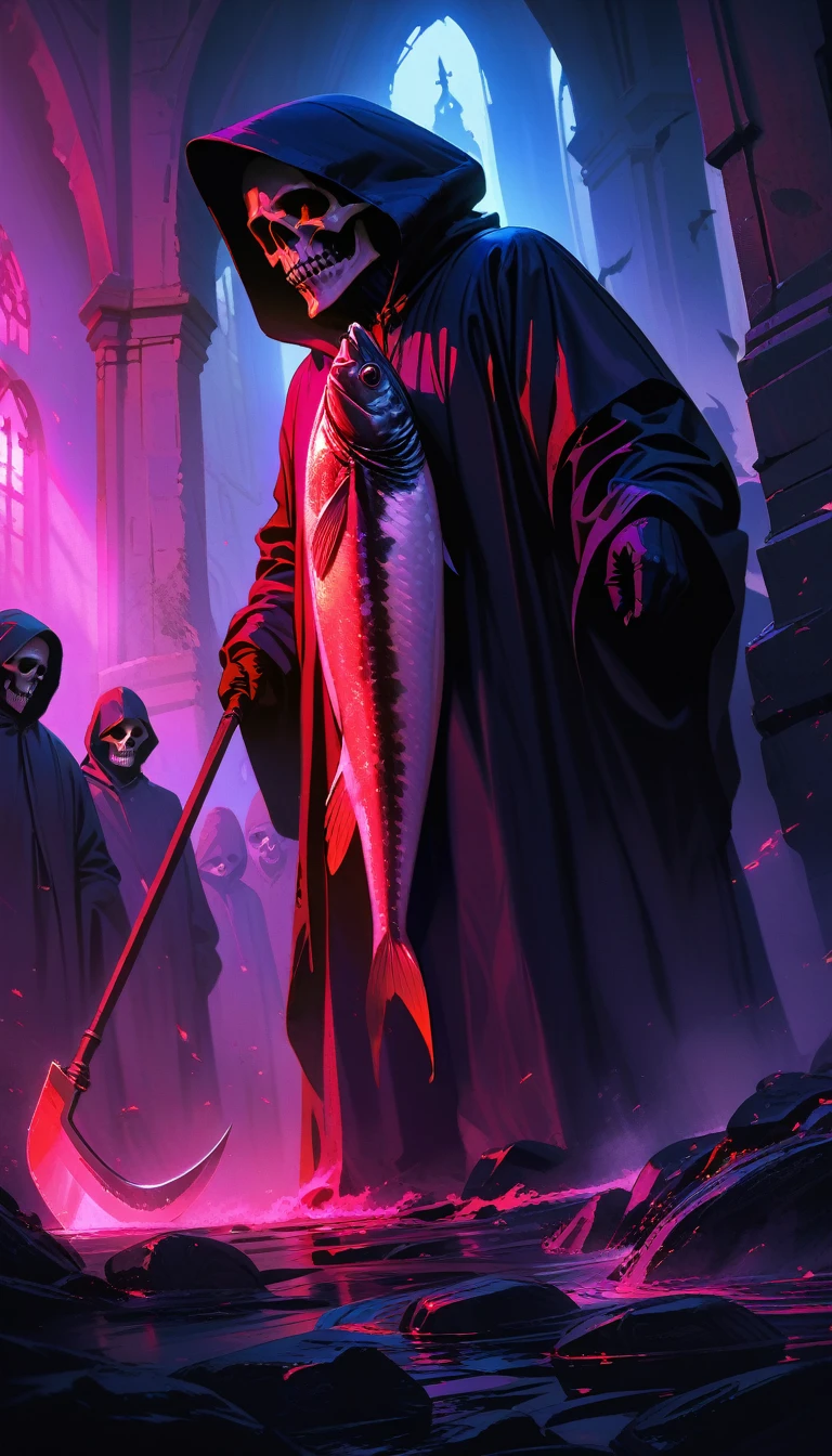 Black Grim Reaper, oil painting, very detailed 그림, Flowing black robe and hood, An impressive skull face with sunken eyes and sharp teeth., holding a scythe with a long, curved blade, (scythe), Surrounded by a foggy graveyard, Moonlight illuminates the scene, Dark and spooky atmosphere, High contrast between light and shadow, dramatic lighting. (best quality, 4K, mackerel, masterpiece), very detailed, realistic, gothic art style, Low saturation color with hints of deep purple and blue., Powerful light and shade effect, Black color scheme