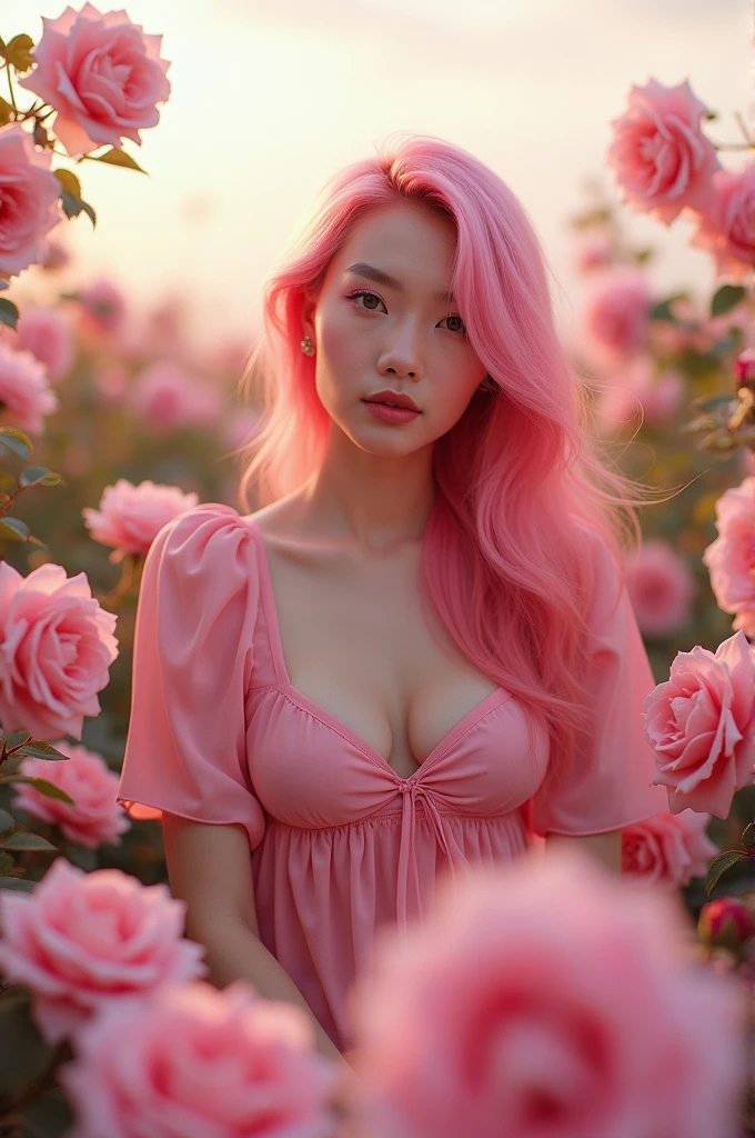 A Thai woman in a pink top, no bra and pink hair sits in a rose garden, surrounded by pink roses and a cloudy sky.