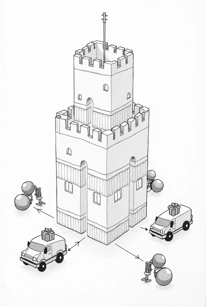  Draw a simple pencil drawing of a castle protected by three walls, each one represents the skin, symbolizing hypodermis the dermis the epidermis. At the entrance to the castle, represent small vehicles that symbolize the epidermis, and joined spheres that symbolize the dermis, and robots that symbolize the hypodermis, and all of them carrying gifts towards the castle walls. Use arrows to show the movement of these vehicles, spheres and robots heading to the castle, delivering their gifts inside the castle.