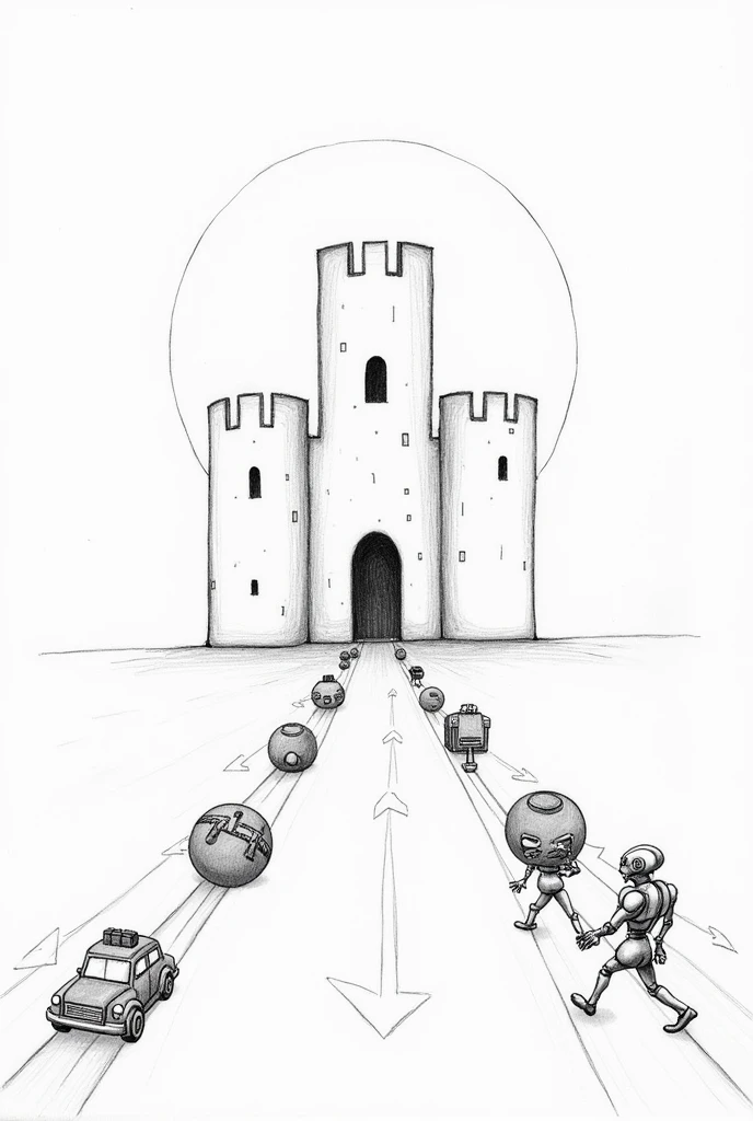 Draw a simple pencil drawing of a castle protected by three walls, each one represents the skin, symbolizing hypodermis the dermis the epidermis. At the entrance to the castle, represent small vehicles that symbolize the epidermis, and joined spheres that symbolize the dermis, and robots that symbolize the hypodermis, and all of them carrying gifts towards the castle walls. Use arrows to show the movement of these vehicles, spheres and robots heading to the castle, delivering their gifts inside the castle.