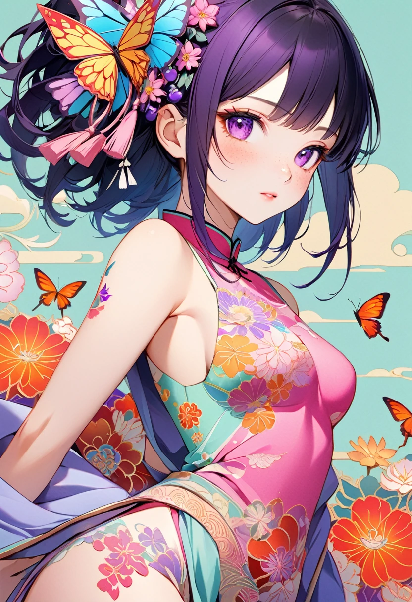 A mesmerizing surreal illustration of a young japanese woman resembling Shinobu Kouchou. She has black hair, purple eyes, a butterfly hair ornament, and wears a vibrant pastel colored outfit adorned with intricate floral patterns. Freckles dot her smooth, warm complexion, and bold, colorful tattoos cover her arms and legs. The tattoos feature traditional Japanese motifs like flowers and mythical creatures, rendered with meticulous detail in a pastel color palette. The background is a vintage floral-patterned wallpaper that complements the artwork's colors. The line work is precise, with delicate shading that gives the illustration a 3D quality. The artwork fuses modern illustration techniques with traditional Japanese aesthetics, resulting in a visually striking, portrait, Shinobu_Kocho, butterfly_hairpiece, multicolored_hair, purple_hair, black_hair, medium breasts, slender, arms behind back, 
