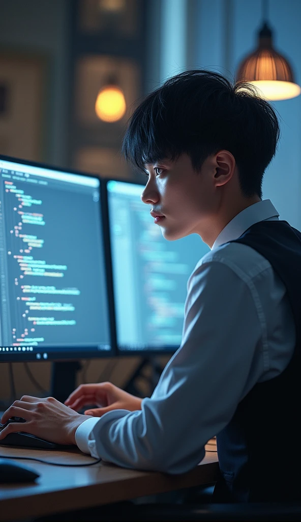 (Masterpiece),(complication:1.3),(Realistic),man,white skin,Thai face,Dress neatly,black hair,Working as a programmer,Sitting working in front of a computer screen,(See his side),(Long range shooting)