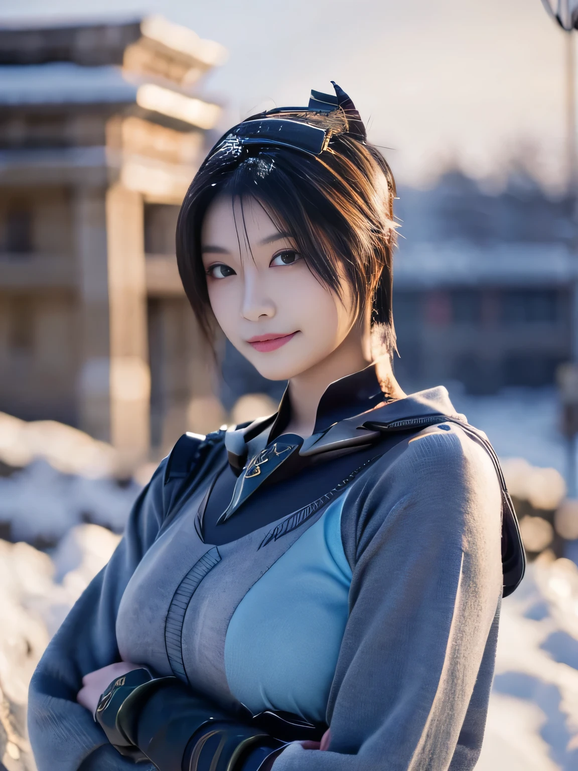 20 year old Japanese beauty,One woman、Muscular body like a bodybuilder、Emphasize the breasts、He wears a headband on his head、Slit eyes、A head-to-toe view,Bust is very very large、The background is a snowy country、High quality photos、Clear, crisp images of the lower body、Masterpiece 8k、Smiling、Throwing a shuriken with the right hand、From the front, from the side, from the back, etc.々from what camera angle to shoot、Light blue ninja costume