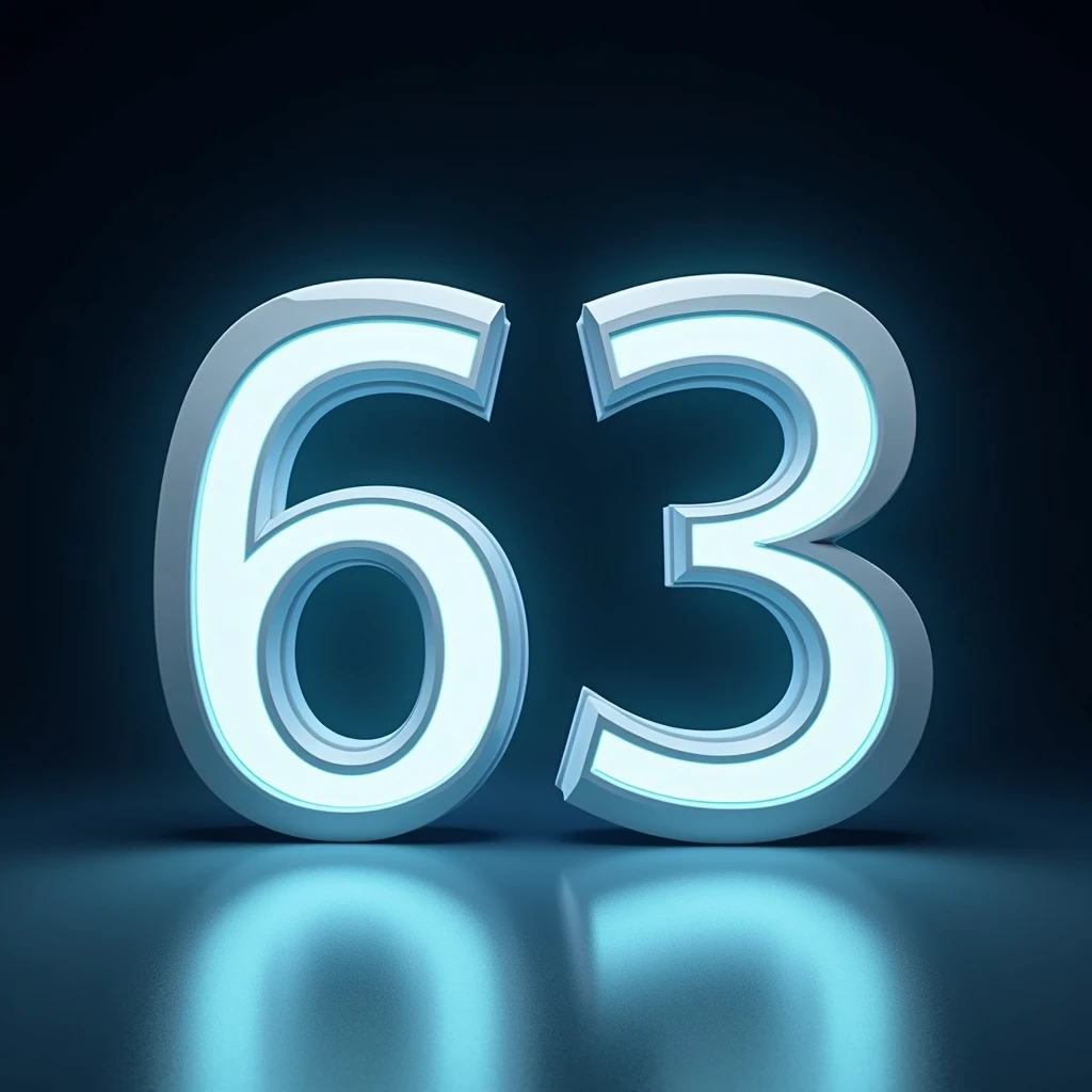 A futuristic scene with the numbers 63 in metallic white tones, blue glowing. The numbers are large and have a modern, sleek design. They are placed on a dark background. The overall image has a clean, minimalistic aesthetic.
