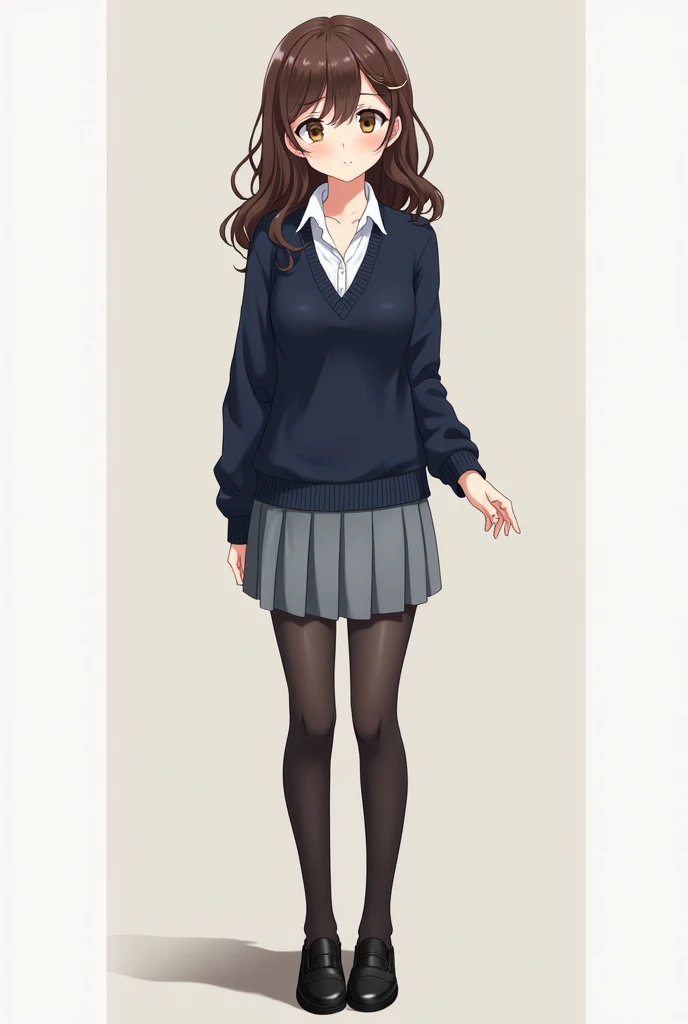 I want an avatar of myself, I am a girl with slightly curly, long brown hair with a tuft that is almost unnoticeable., My nose is turned up, the shape of my face is with prominent cheekbones and a small jaw., My eyebrows are straight with a slight curve at the end, I have a bit of hips and bust but they are not vulgar at all, I want to have a uniform with a gray pleated skirt, black sheer tights and black shoes, a white polo shirt and a dark blue school sweater, I don&#39;t want to be like an anime 