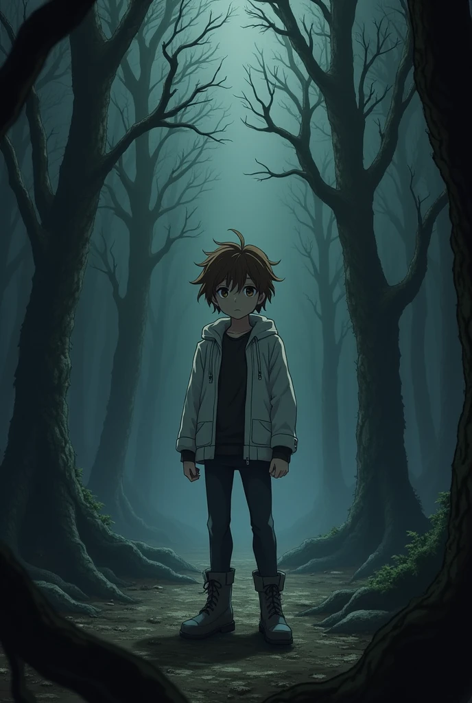 The image is in adult anime style cowboy bebop or Darker than black style with shadows and dim lights, anime style although somewhat adult and dark, It shows a young adult of 2, She has short, uneven wavy brown hair, He wears a white jacket, wear boots. He has brown eyes. It&#39;s in a dark forest. . He is standing in the middle of the forest. He seems determined.