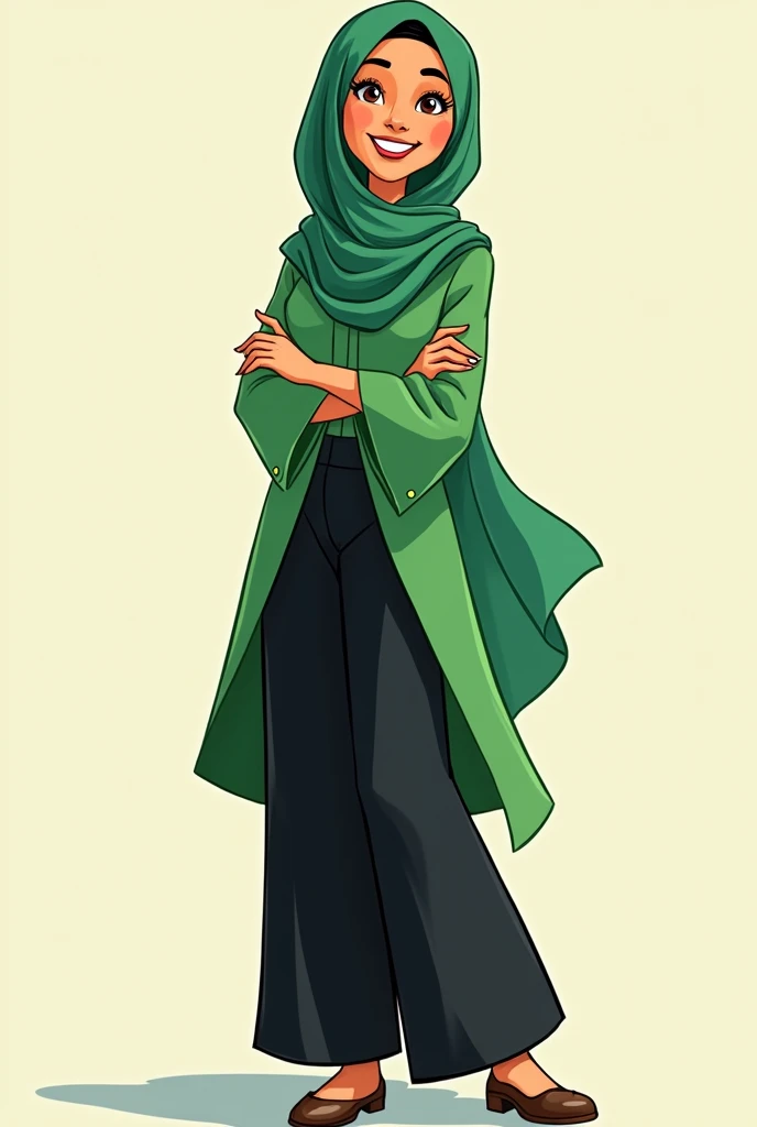 Cartoon woman wearing green hijab, green blouse and black palazzo.