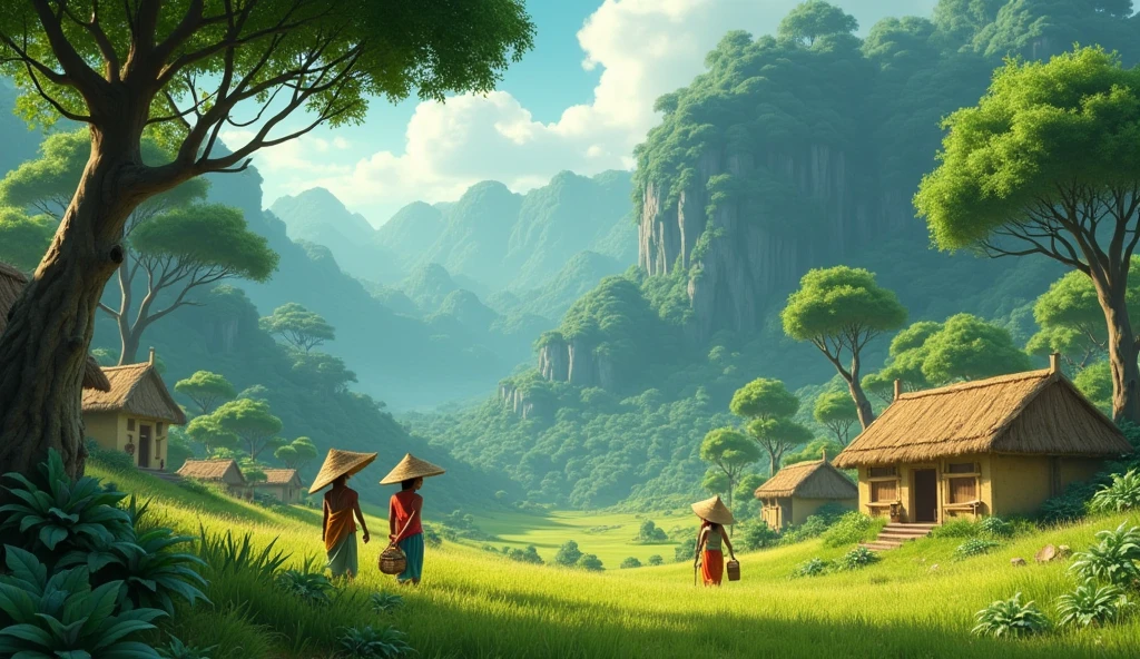 in cinematic 3d cartoon stayle in indian A serene village with simple houses, villagers working in fields, and a dense, mysterious forest in the background