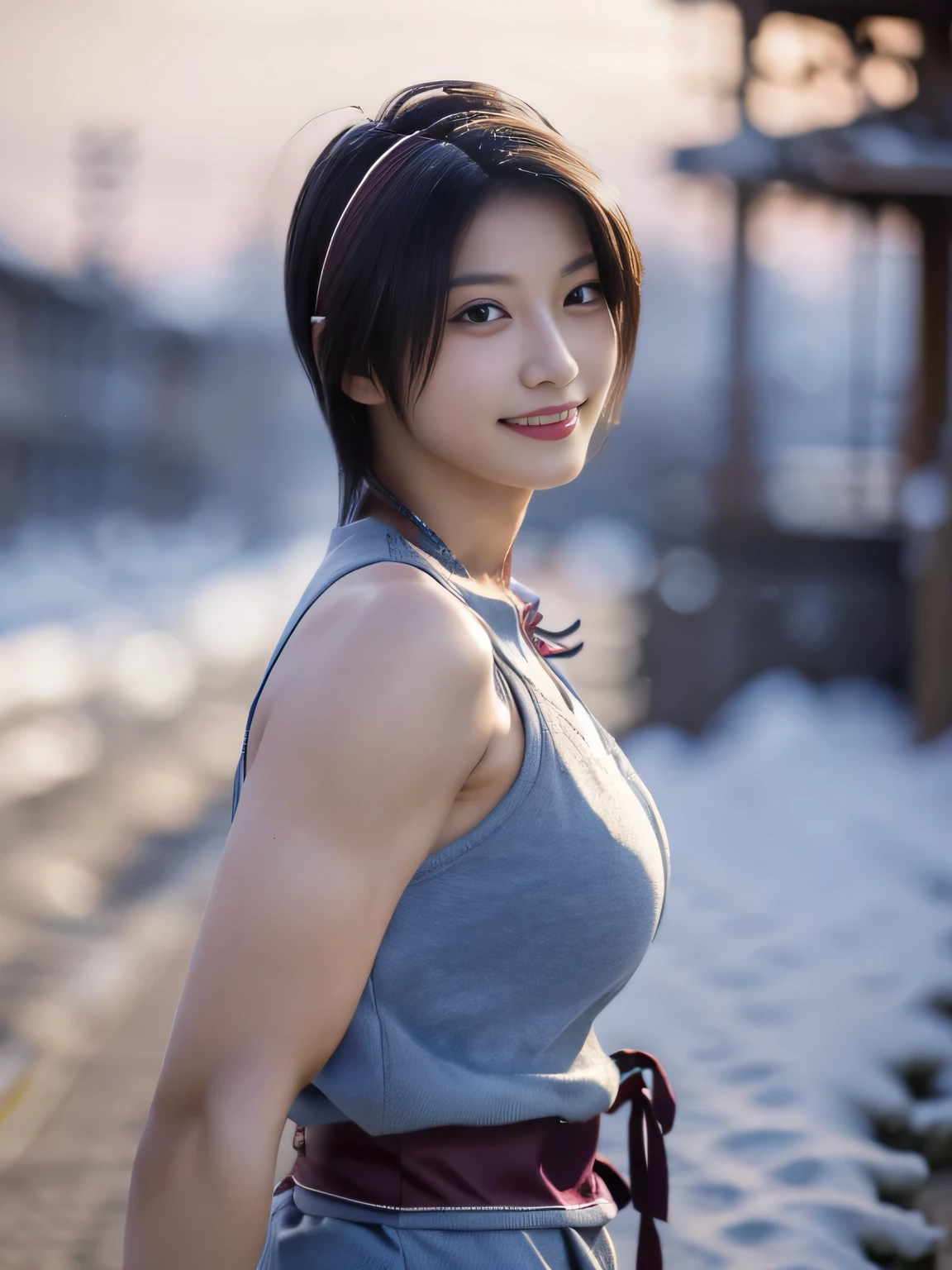 20 year old Japanese beauty，One woman、Muscular body like a bodybuilder、Emphasize the breasts、He wears a headband on his head、Slit eyes、A head-to-toe view，Bust is very very large、The background is a snowy country、High quality photos、Clear, crisp images of the lower body、Masterpiece 8k、Smiling、Throwing a shuriken with the right hand、From the front, from the side, from the back, etc.々from what camera angle to shoot、Light blue ninja costume
