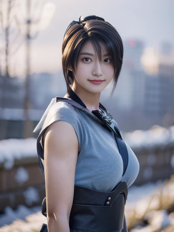 20 year old Japanese beauty,One woman、Muscular body like a bodybuilder、Emphasize the breasts、He wears a headband on his head、Slit eyes、A head-to-toe view,Bust is very very large、The background is a snowy country、High quality photos、Clear, crisp images of the lower body、Masterpiece 8k、Smiling、Throwing a shuriken with the right hand、From the front, from the side, from the back, etc.々from what camera angle to shoot、Light blue ninja costume
