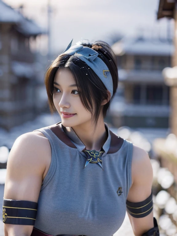20 year old Japanese beauty，One woman、Muscular body like a bodybuilder、Emphasize the breasts、He wears a headband on his head、Slit eyes、A head-to-toe view，Bust is very very large、The background is a snowy country、High quality photos、Clear, crisp images of the lower body、Masterpiece 8k、Smiling、Throwing a shuriken with the right hand、From the front, from the side, from the back, etc.々from what camera angle to shoot、Light blue ninja costume