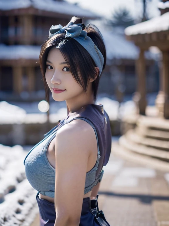 20 year old Japanese beauty，One woman、Muscular body like a bodybuilder、Emphasize the breasts、He wears a headband on his head、Slit eyes、A head-to-toe view，Bust is very very large、The background is a snowy country、High quality photos、Clear, crisp images of the lower body、Masterpiece 8k、Smiling、Throwing a shuriken with the right hand、From the front, from the side, from the back, etc.々from what camera angle to shoot、Light blue ninja costume