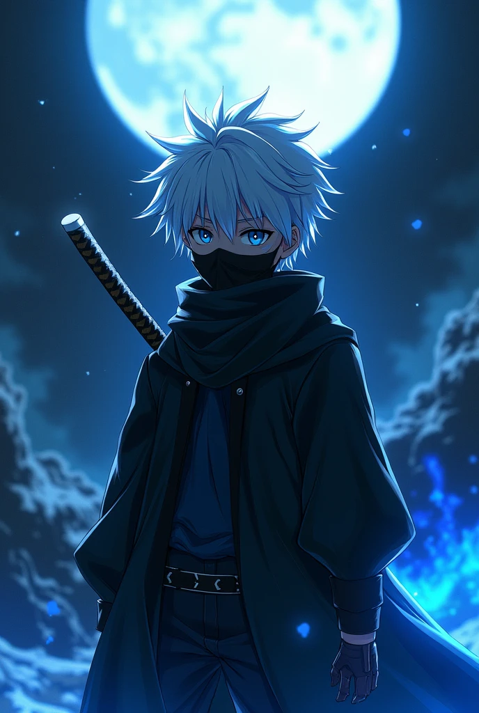 A high quality anime style 1 boy, with a black bus, black jacket white hair, with a katana in hand and releasing a blue aura, standing firm and with a handkerchief covering his mouth up to his nose, emotionless and the character's entire view into something resembling the abyss