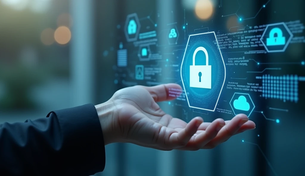 Create a highly realistic image featuring a hand ready to interact with a transparent holographic interface.. Holographic displays should feature advanced cybersecurity elements, including padlock icon, cloud computing symbol, and lines of code or complicated circuit diagrams. The background is gently blurred, with fine light filtering, emphasizing the futuristic technology used. The overall look should exude an impression of security and cutting-edge digital innovation., with transparent holographic elements, clear, and seamlessly integrated into the environment. The lighting should be natural but rather cool, reinforces the high-tech atmosphere of the image