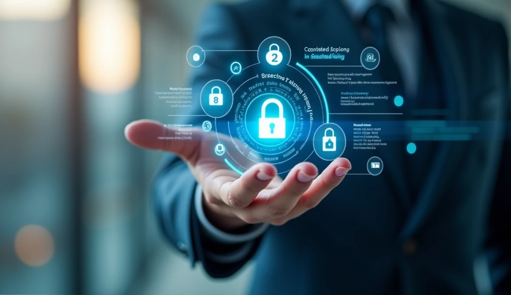 Create a highly realistic image featuring a hand ready to interact with a transparent holographic interface.. Holographic displays should feature advanced cybersecurity elements, including padlock icon, cloud computing symbol, and lines of code or complicated circuit diagrams. The background is gently blurred, with fine light filtering, emphasizing the futuristic technology used. The overall look should exude an impression of security and cutting-edge digital innovation., with transparent holographic elements, clear, and seamlessly integrated into the environment. The lighting should be natural but rather cool, reinforces the high-tech atmosphere of the image