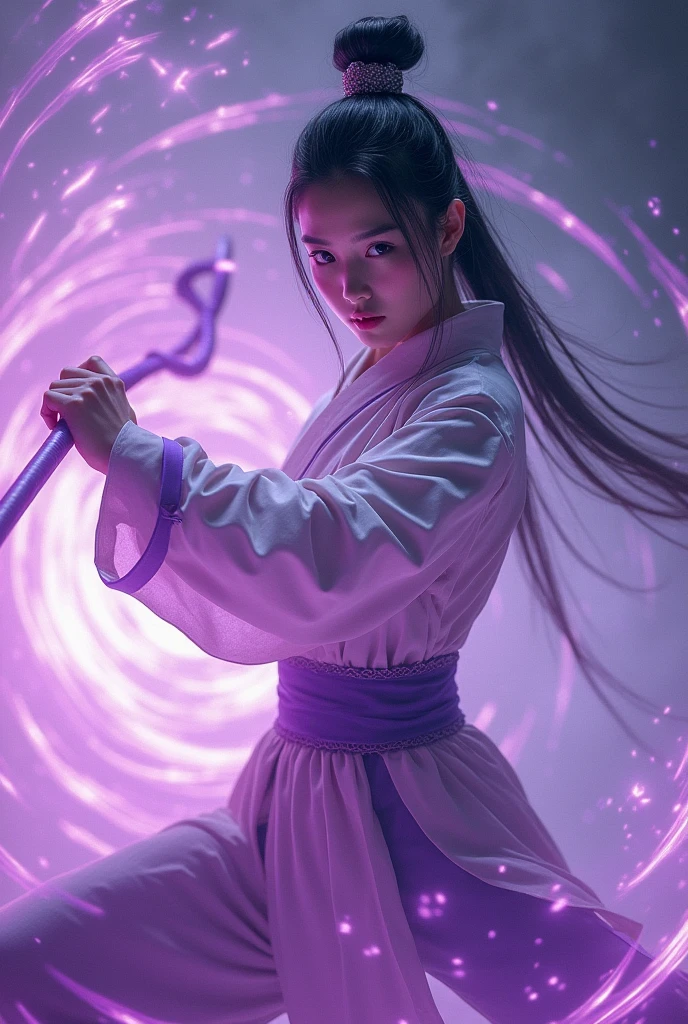 A handsome Chinese girl, Sharp eyes, Clear facial features, Wearing Hanfu, Fighting Stance, Martial Arts Action, The body is surrounded by purple mist, Surrounding Runes, Holographic Reality, Holographic Aura, Motion Blur, Game lighting effects, Rim Light, Soft Light, movie Rim Light, Exquisite lighting, masterpiece, Very detailed, Epic creation, Ultra HD, high quality, best quality, 32K, slender body shape