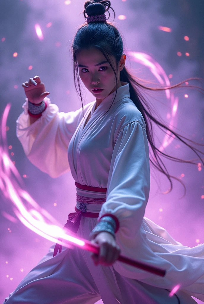 A handsome Chinese girl, Sharp eyes, Clear facial features, Wearing Hanfu, Fighting Stance, Martial Arts Action, The body is surrounded by purple mist, Surrounding Runes, Holographic Reality, Holographic Aura, Motion Blur, Game lighting effects, Rim Light, Soft Light, movie Rim Light, Exquisite lighting, masterpiece, Very detailed, Epic creation, Ultra HD, high quality, best quality, 32K, slender body shape