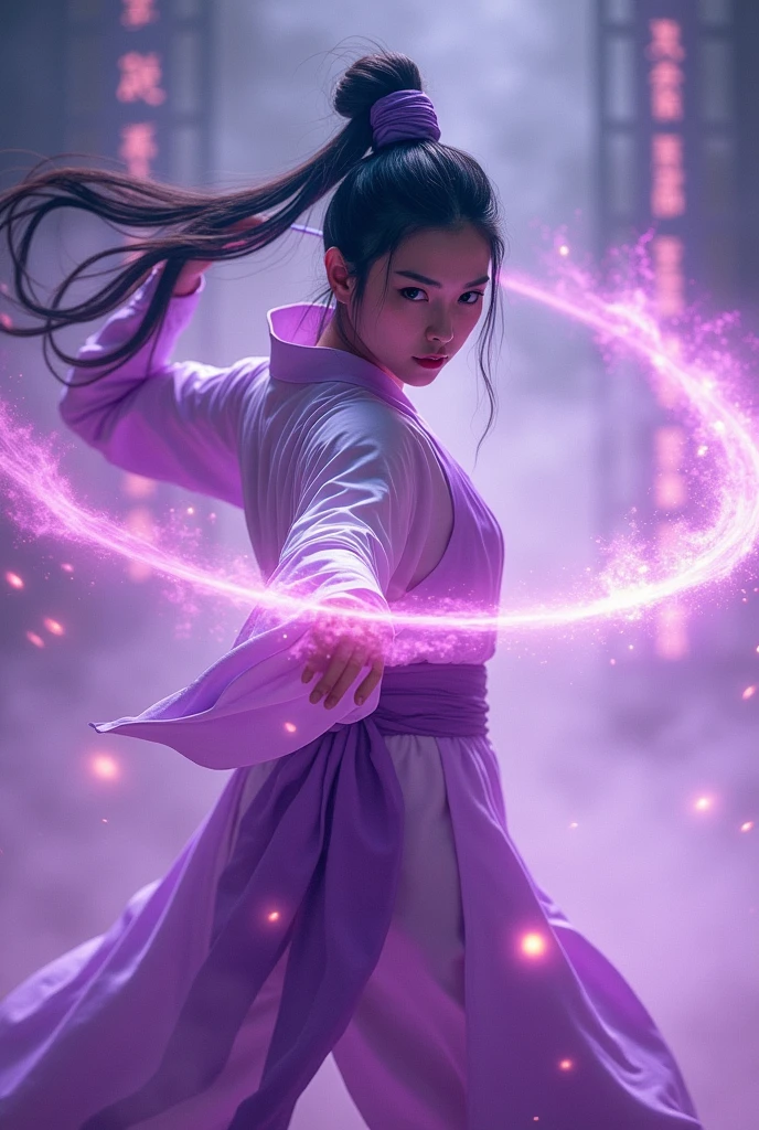 A handsome Chinese girl, Sharp eyes, Clear facial features, Wearing Hanfu, Fighting Stance, Martial Arts Action, The body is surrounded by purple mist, Surrounding Runes, Holographic Reality, Holographic Aura, Motion Blur, Game lighting effects, Rim Light, Soft Light, movie Rim Light, Exquisite lighting, masterpiece, Very detailed, Epic creation, Ultra HD, high quality, best quality, 32K, slender body shape