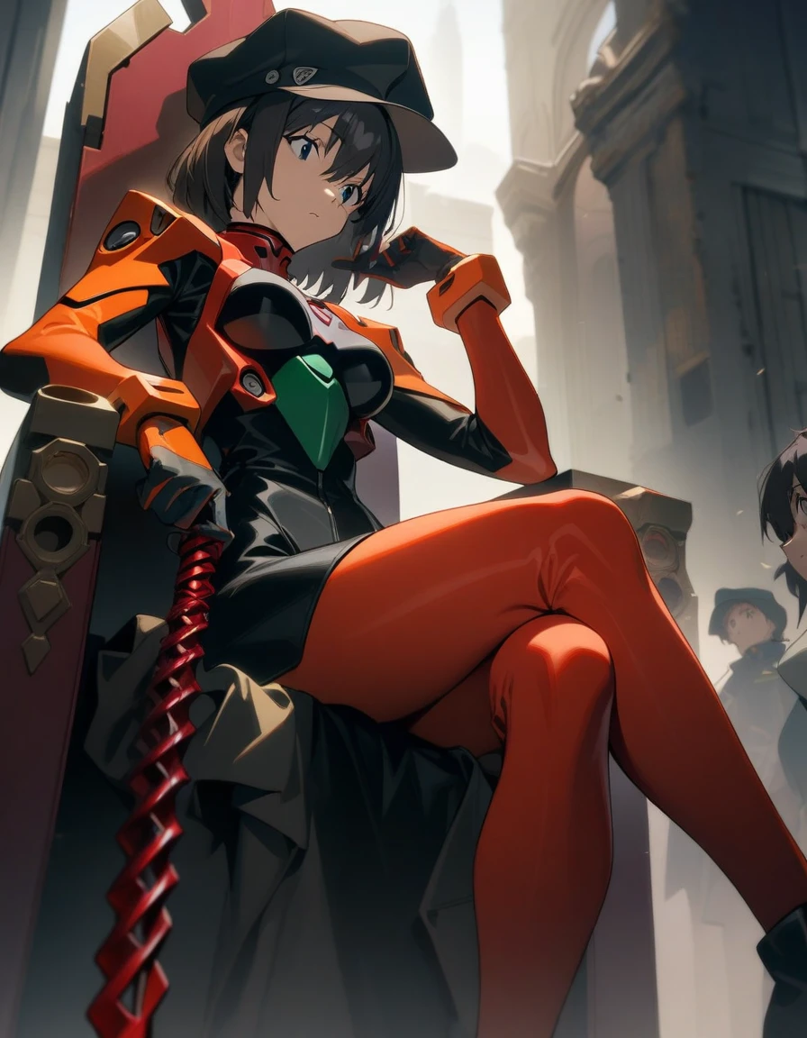 1 Girl, Soryu Asuka Rangrai, Neon Genesis Evangelion, Evangelion New Theatrical Edition, Spear of Longinus, Cat hat, Plug set, Pilot suit, Red tights, Cross your legs, Dark Circle Patch, throne, look down, From the bottom, Looking at the audience, outdoor, masterpiece, best quality, very aesthetic, absurd
