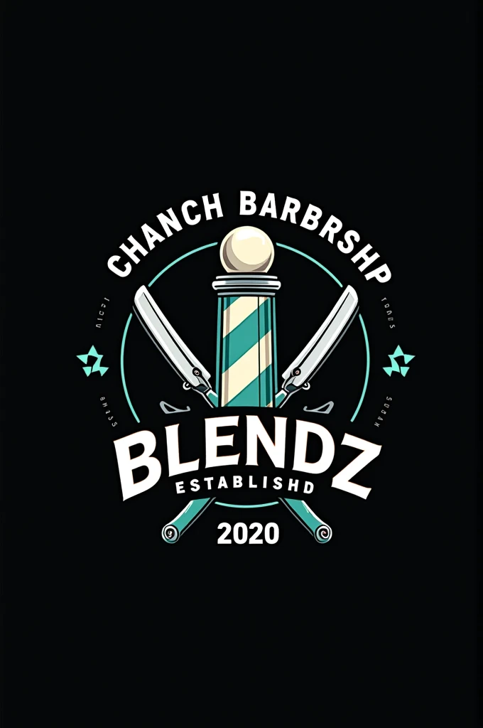 Create a flat vector, illustrative-style emblem logo design for a San Diego urban barber 'ChonchBlendz' established in 2020 , featuring barber poles , modern straight razors crossed. Use bright green, blue, grey and white colors to convey trust, premium service and a luxury experience against a black background. English Writing established 2020