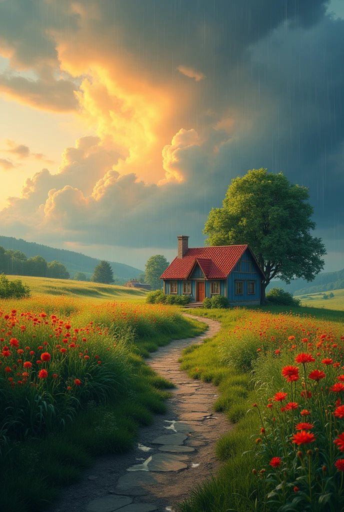 Create a landscape of a serene countryside scene during a gentle summer rain. A cozy cottage with a red roof is nestled near a large, lush green tree. The sky is filled with dramatic, billowing clouds in vibrant shades of orange and yellow, illuminated by sunlight breaking through, creating a striking contrast with the dark blue rain clouds. A narrow, winding path leads to the cottage, bordered by wildflowers in bright red and orange hues, and rich green grass Small puddies form from the rain along the path.

Generation Mode

Fast

Image ensions

23

Quality

The overall atmosphere is peaceful and picturesque, with a harmonious blend of nature and tranquility, depicted in highly saturated colors to enhance the vividness and charm of the landscape.