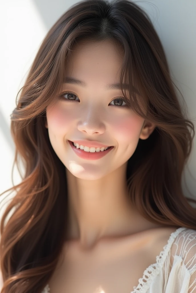 Asian feminine face with soft wavy bangs and brown hair。Her hair is long and layered.、In the flowing soft waves、Give a friendly and approachable impression。Background is white。