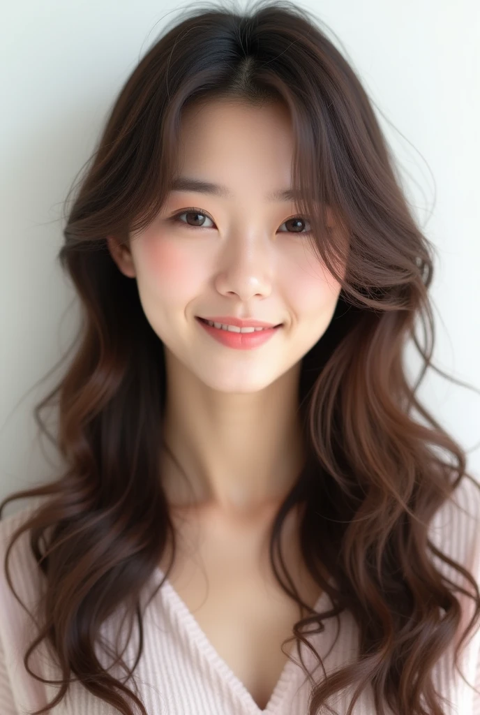 Asian feminine face with soft wavy bangs and brown hair。Her hair is long and layered.、In the flowing soft waves、Give a friendly and approachable impression。Background is white。