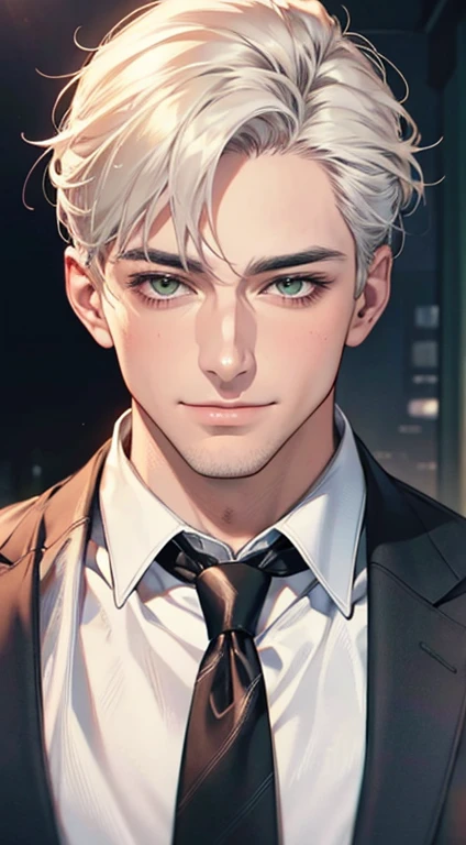 (Highest quality,4K,8K,High resolution,masterpiece:1.2),Super detailed,(Realistic,photoRealistic,photo-Realistic:1.37),1 personld,Mature Men,Beautiful skin、very handsome,Expressionless smile in love,Short white hair,green eyes,Sharp Eyes,A perfect face without a doubt,Businessman, CEO, Office Background,Cinema Lighting,HDR image,tie、