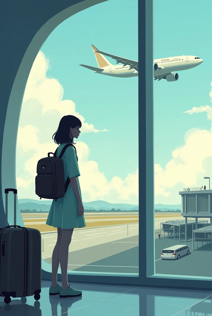 Create a cover image where a girl with log gage is waiting from backside and looking thinking and waiting at airport waiting room and one plane is flying in air showing runway. This image is for the book cover. Make it artistic
