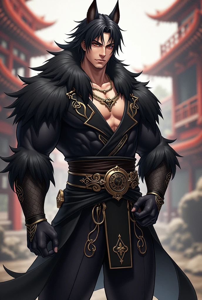 Werewolf, male, male, fat body, Asian, black hair, straight, transforming, ultra realistic, black smoke surrounds the character's body, white clothes with red details typical of Japan, detailed face, object with the same theme, totally purple eyes very bright, UHD, super defined details --auto --s2
