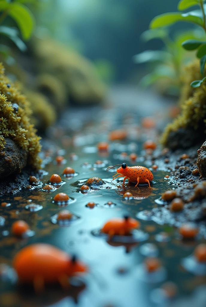 colorful, highly detailed macro shot of the complicated life in a puddle