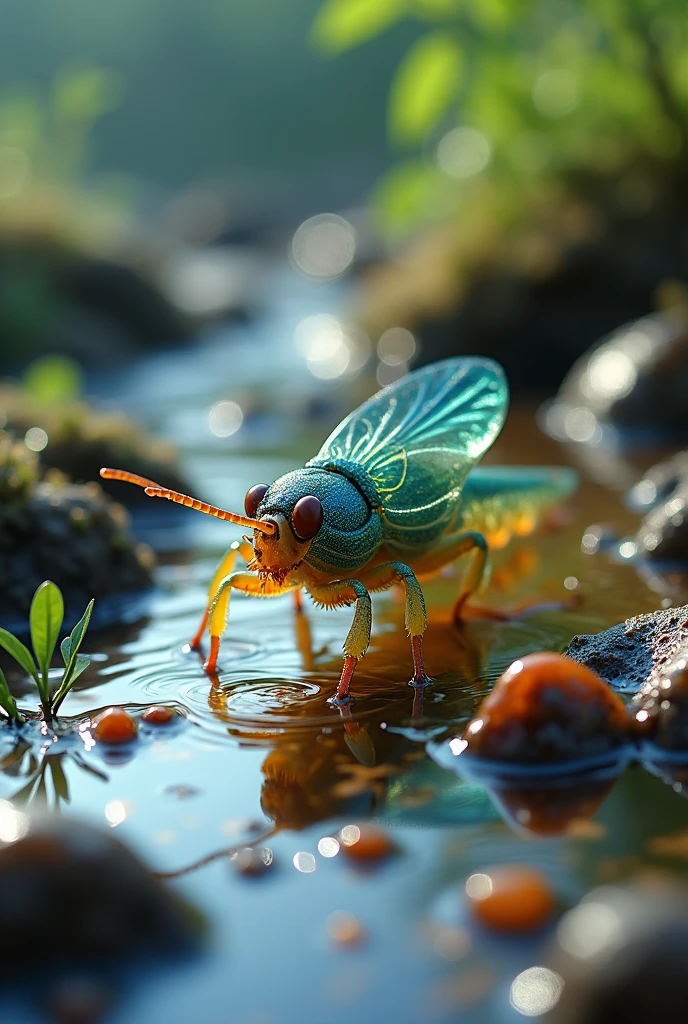 colorful, highly detailed macro shot of the complicated life in a puddle
