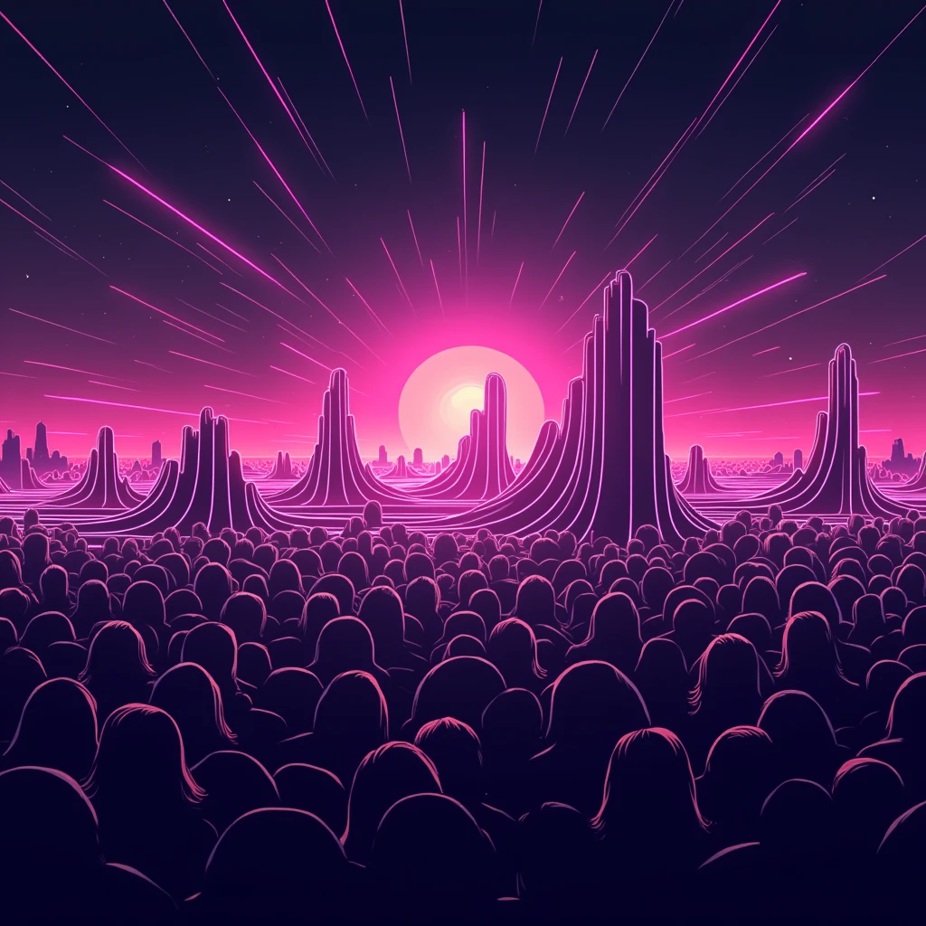 "Create an abstract image representing the concept of a 'Soundwave' in a synthwave art style. The image should evoke feelings of energy, popularity, and vibrancy using a neon color palette. Think bright colors, dynamic shapes, and a sense of movement. Consider incorporating elements that visually represent sound, such as waves, pulses, or frequencies. Keywords: music visualization, trending, crowd energy."
